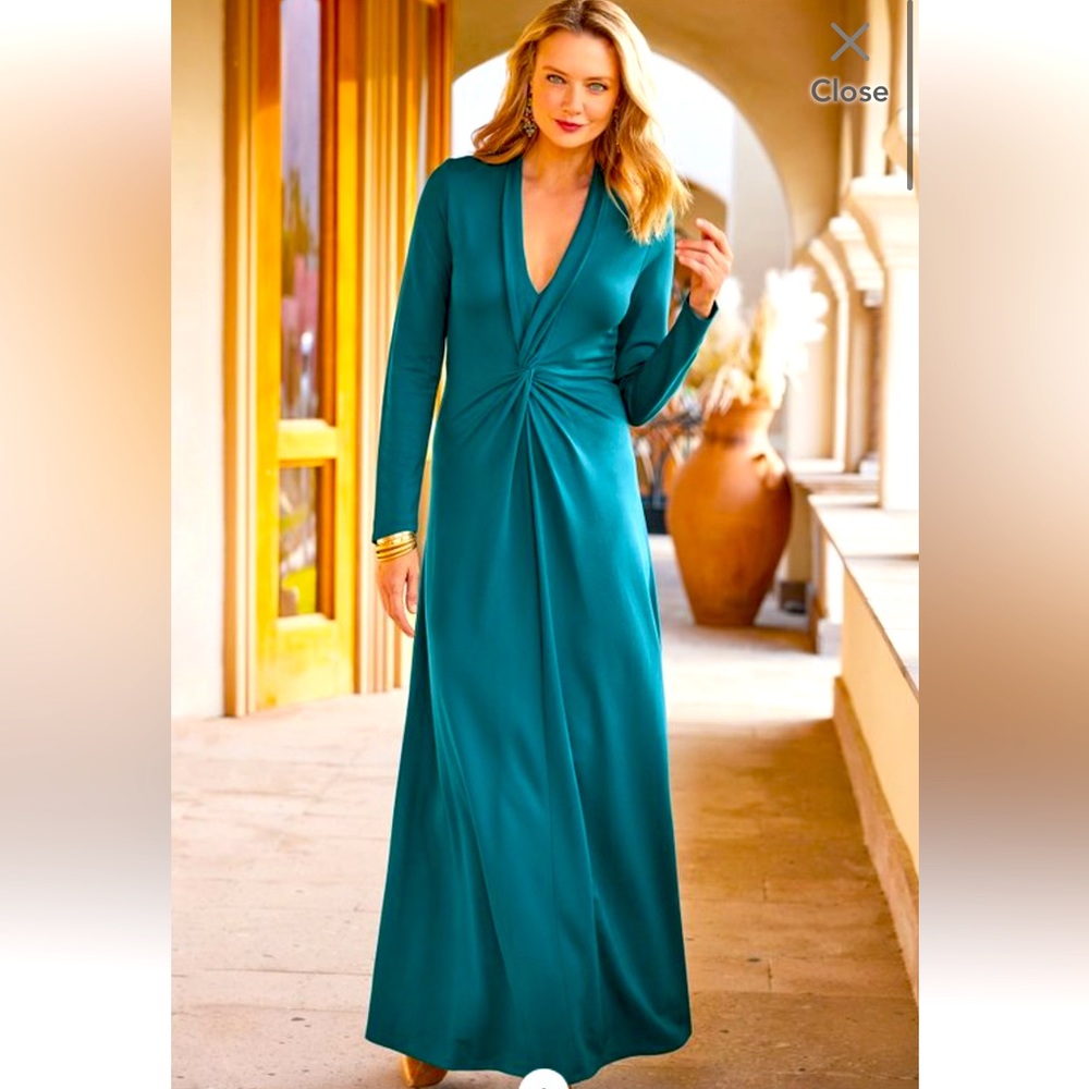 New with Tags Soft Surroundings XS Lagia maxi dress teal green blue front twist